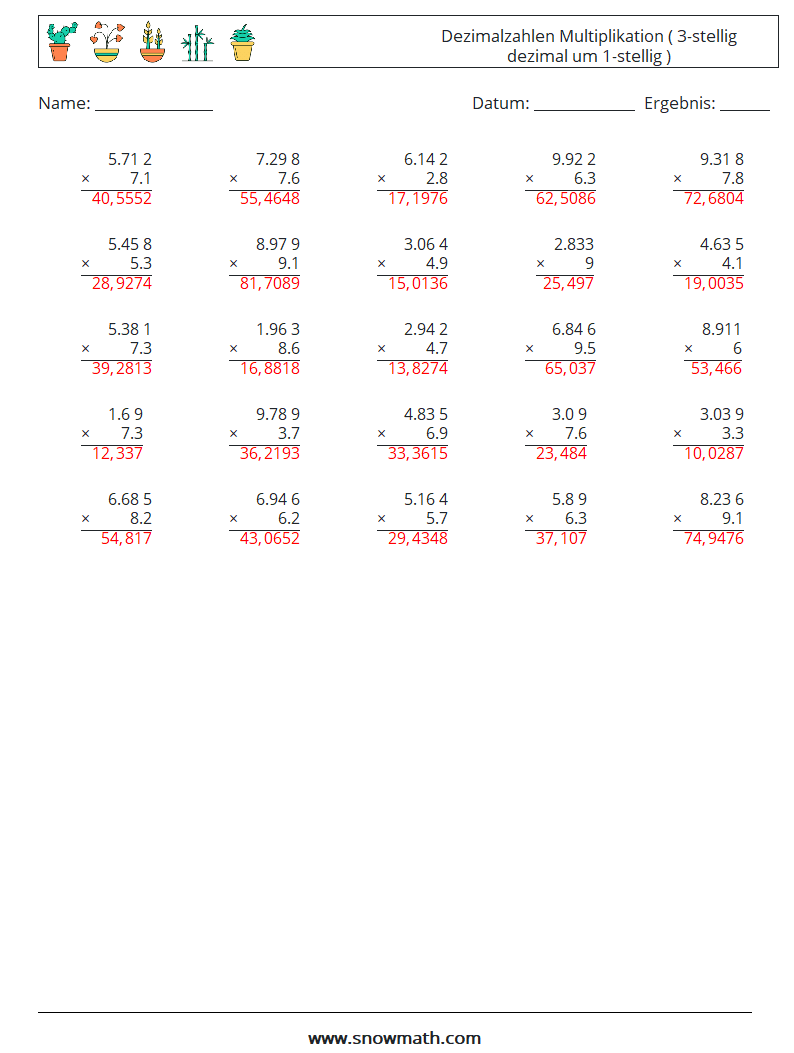 (25) Dezimalzahlen Multiplikation ( 3-stellig dezimal um 1-stellig ) Mathe-Arbeitsblätter 8 Frage, Antwort