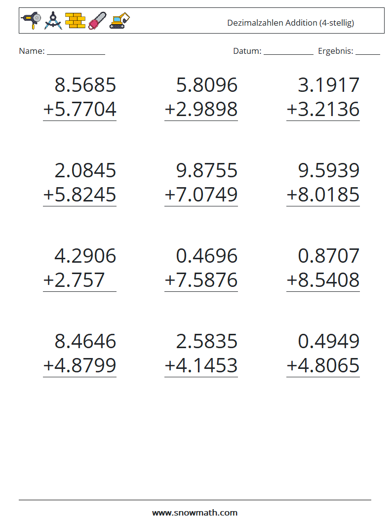 (12) Dezimalzahlen Addition (4-stellig) Mathe-Arbeitsblätter 10