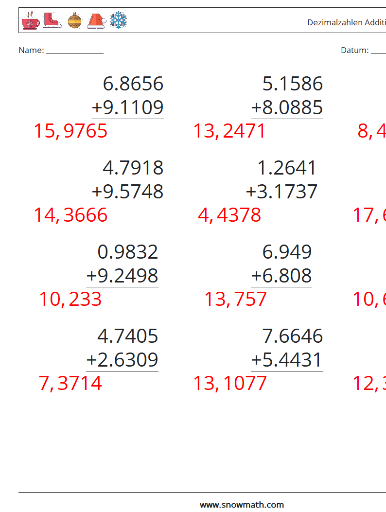 (12) Dezimalzahlen Addition (4-stellig) Mathe-Arbeitsblätter 12 Frage, Antwort