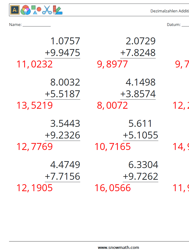 (12) Dezimalzahlen Addition (4-stellig) Mathe-Arbeitsblätter 17 Frage, Antwort