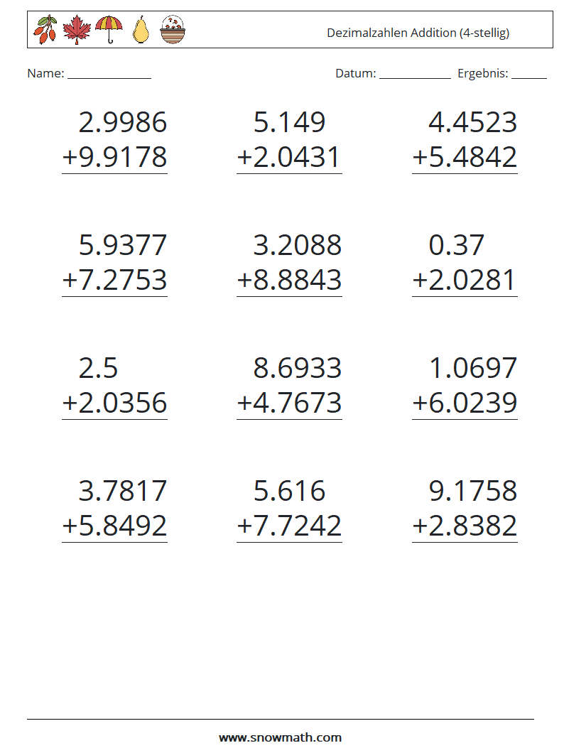 (12) Dezimalzahlen Addition (4-stellig) Mathe-Arbeitsblätter 5