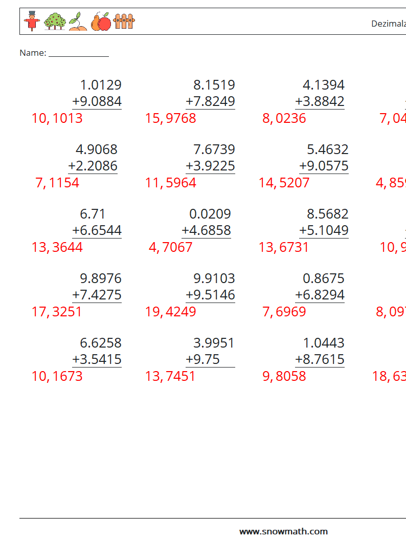 (25) Dezimalzahlen Addition (4-stellig) Mathe-Arbeitsblätter 10 Frage, Antwort