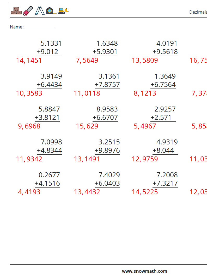 (25) Dezimalzahlen Addition (4-stellig) Mathe-Arbeitsblätter 12 Frage, Antwort