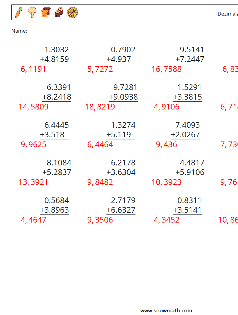 (25) Dezimalzahlen Addition (4-stellig) Mathe-Arbeitsblätter 13 Frage, Antwort