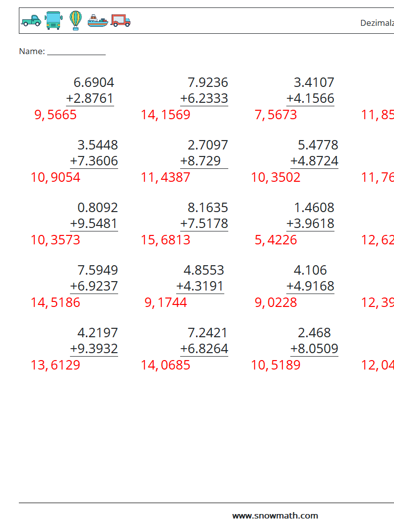 (25) Dezimalzahlen Addition (4-stellig) Mathe-Arbeitsblätter 17 Frage, Antwort