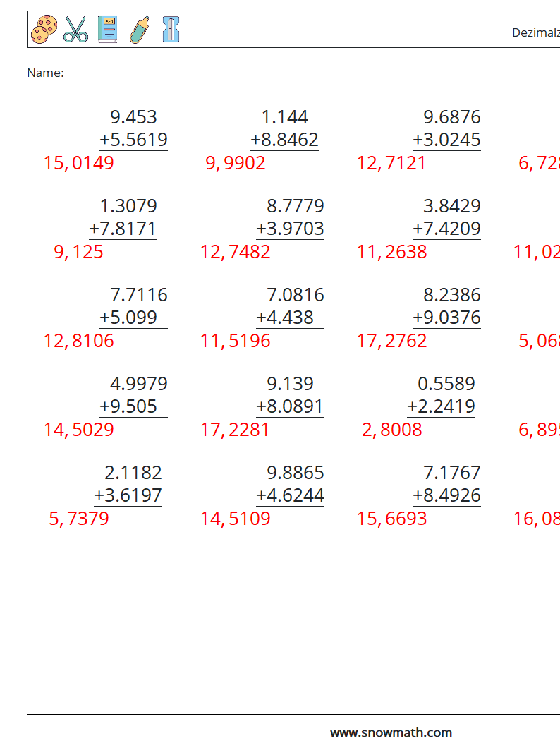 (25) Dezimalzahlen Addition (4-stellig) Mathe-Arbeitsblätter 18 Frage, Antwort