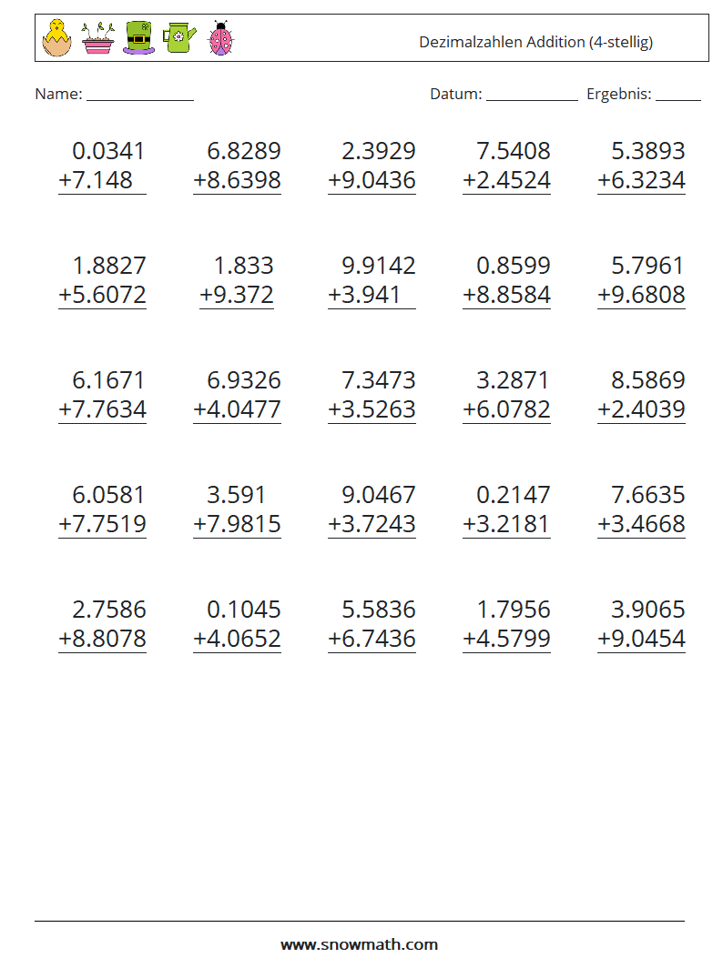 (25) Dezimalzahlen Addition (4-stellig) Mathe-Arbeitsblätter 2