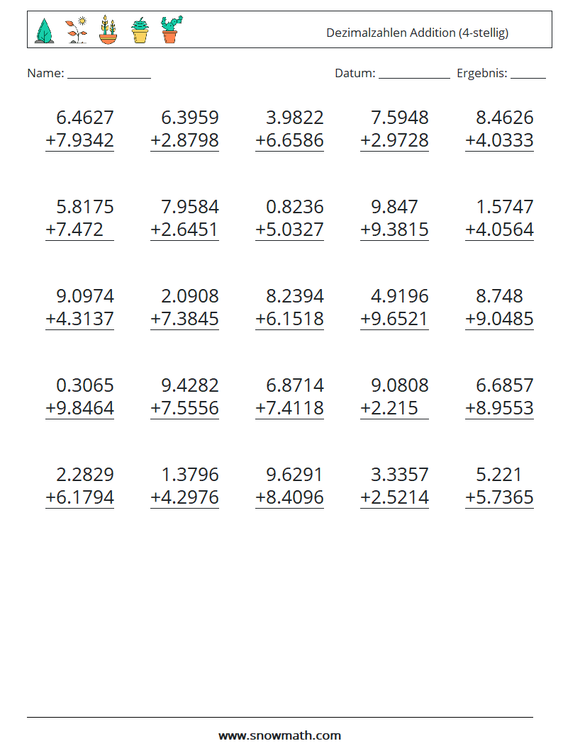 (25) Dezimalzahlen Addition (4-stellig) Mathe-Arbeitsblätter 3