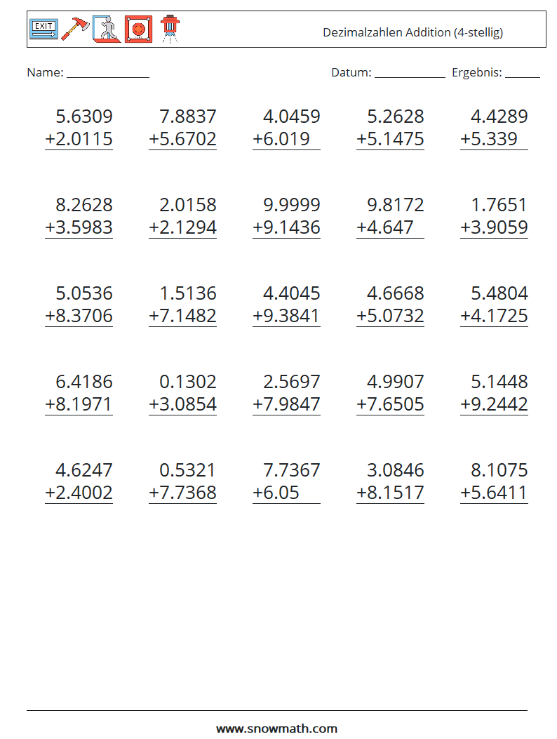 (25) Dezimalzahlen Addition (4-stellig) Mathe-Arbeitsblätter 5