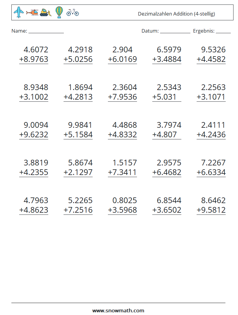 (25) Dezimalzahlen Addition (4-stellig) Mathe-Arbeitsblätter 6