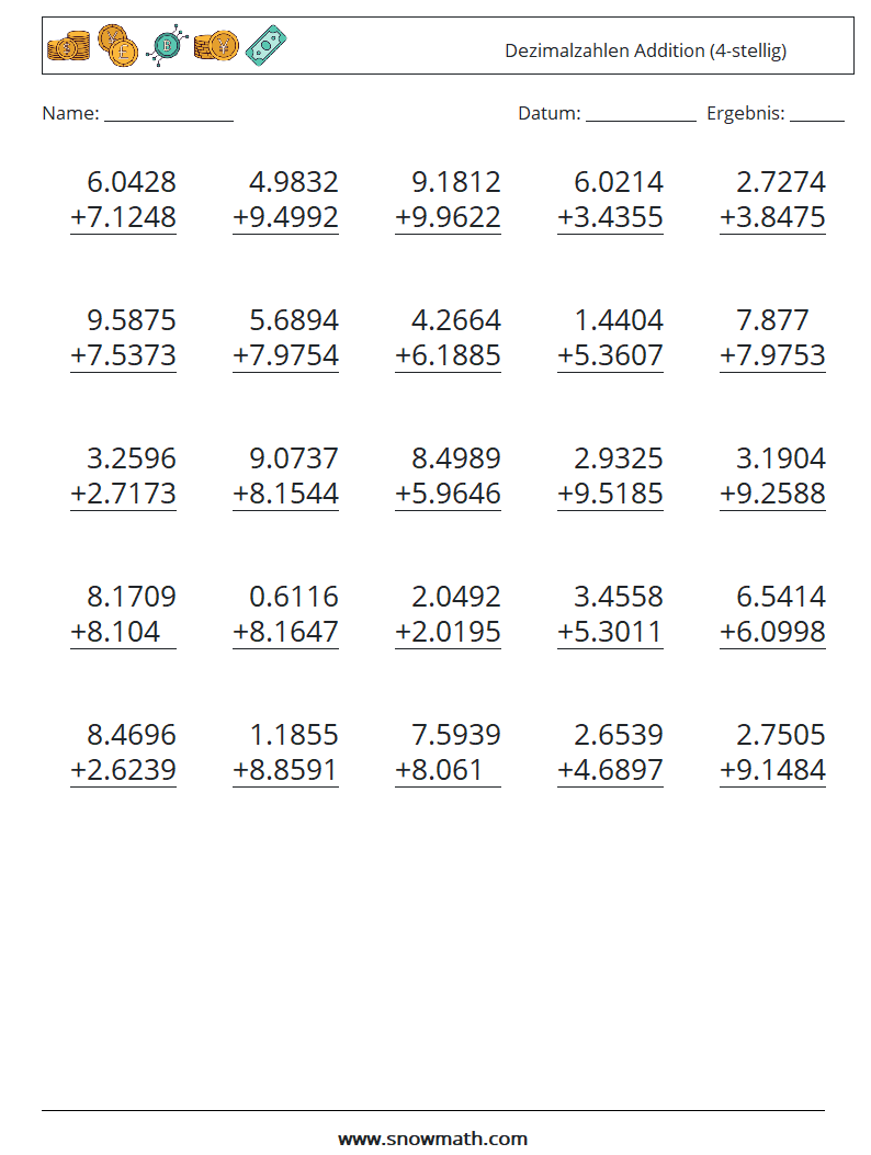 (25) Dezimalzahlen Addition (4-stellig) Mathe-Arbeitsblätter 7