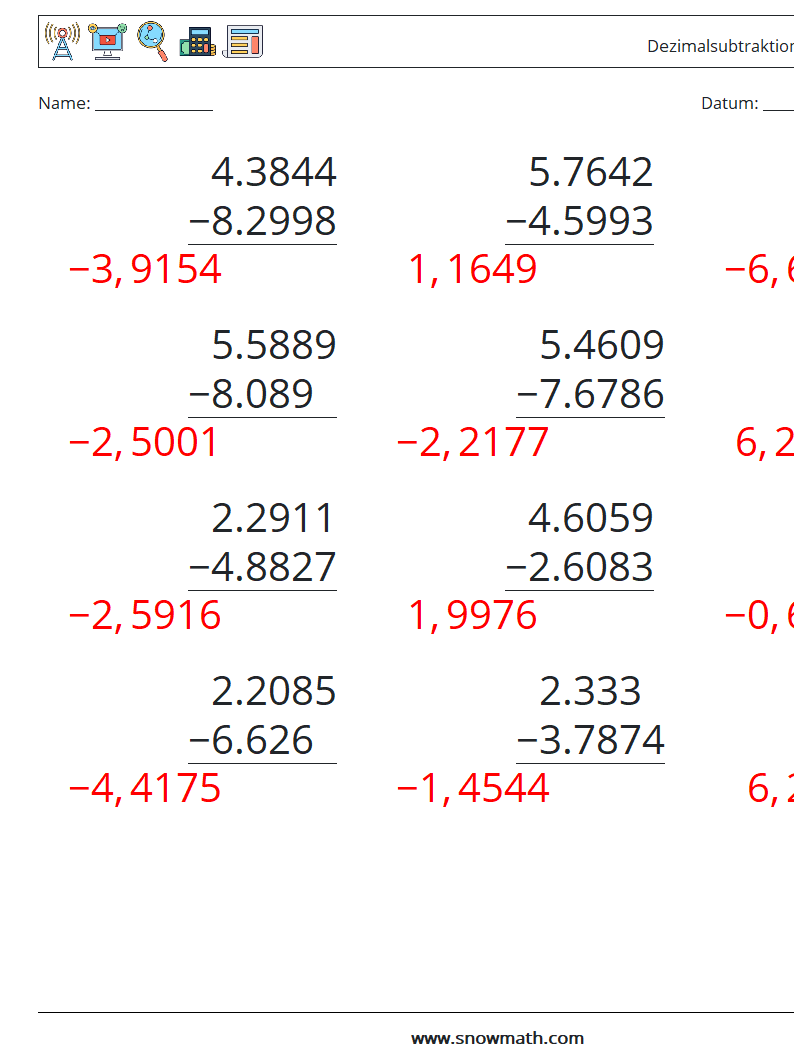 (12) Dezimalsubtraktion (4-stellig) Mathe-Arbeitsblätter 10 Frage, Antwort