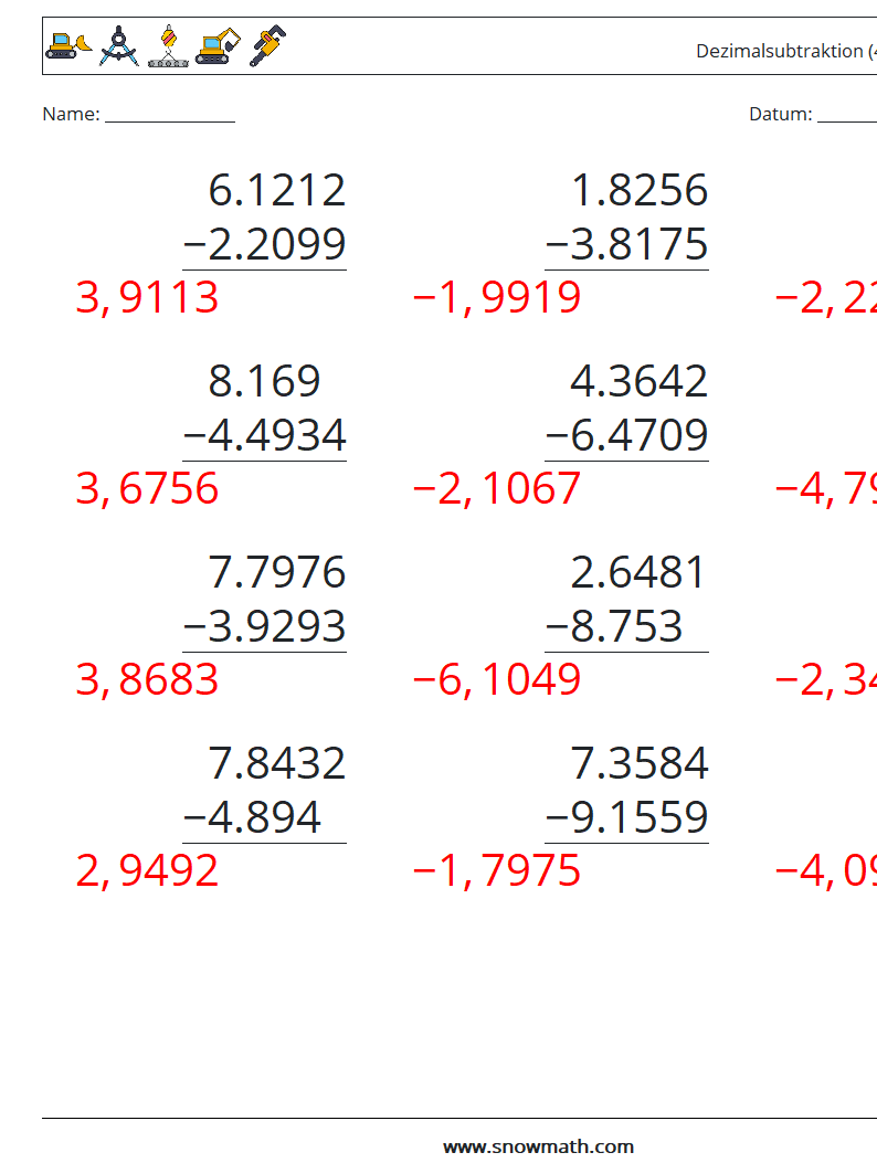 (12) Dezimalsubtraktion (4-stellig) Mathe-Arbeitsblätter 12 Frage, Antwort