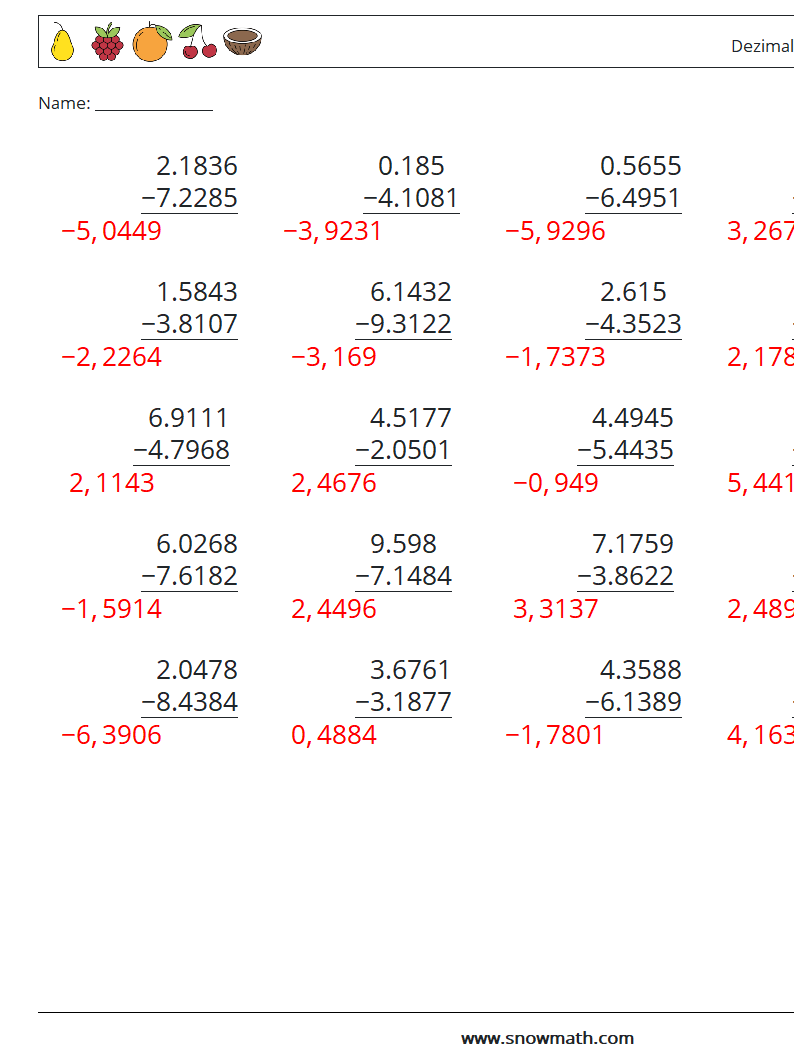 (25) Dezimalsubtraktion (4-stellig) Mathe-Arbeitsblätter 15 Frage, Antwort