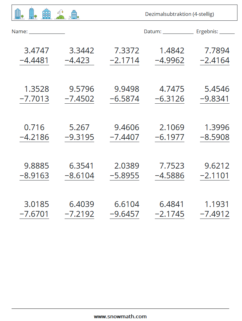(25) Dezimalsubtraktion (4-stellig) Mathe-Arbeitsblätter 5