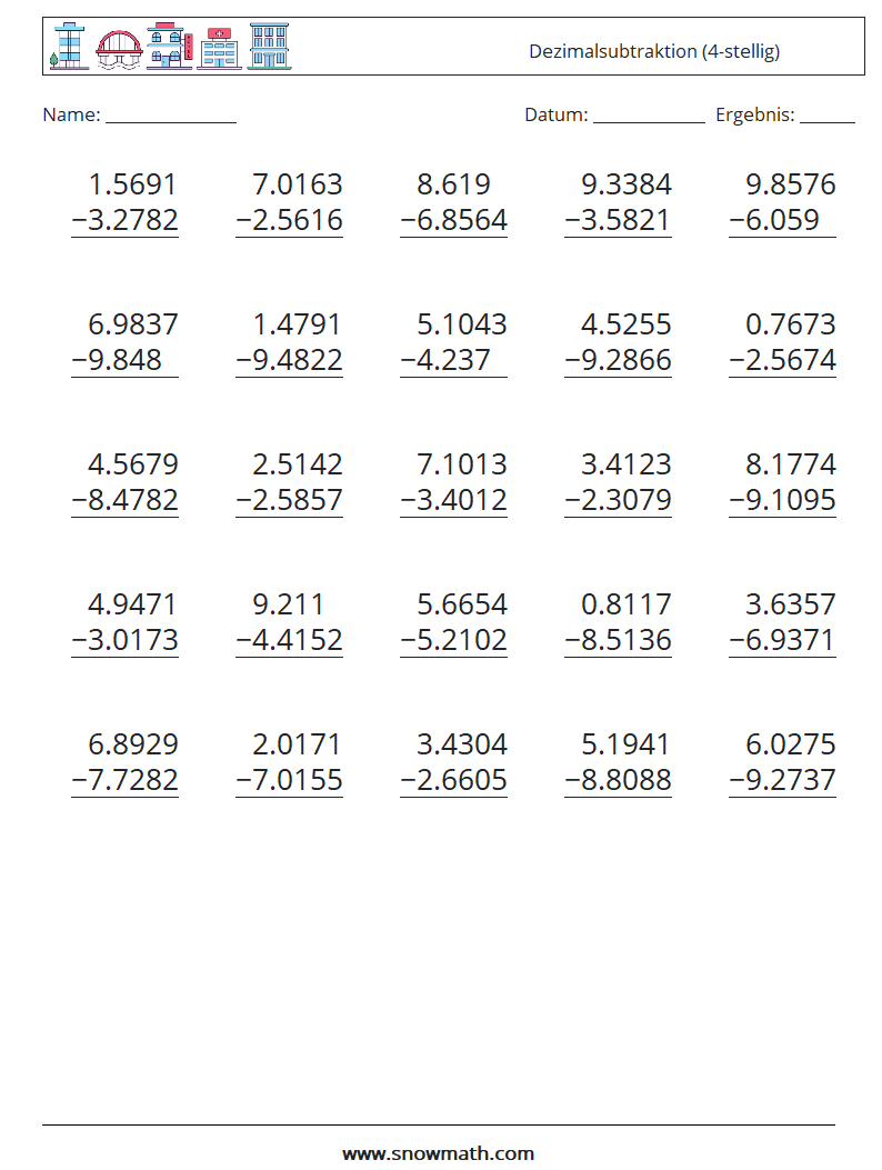 (25) Dezimalsubtraktion (4-stellig) Mathe-Arbeitsblätter 9