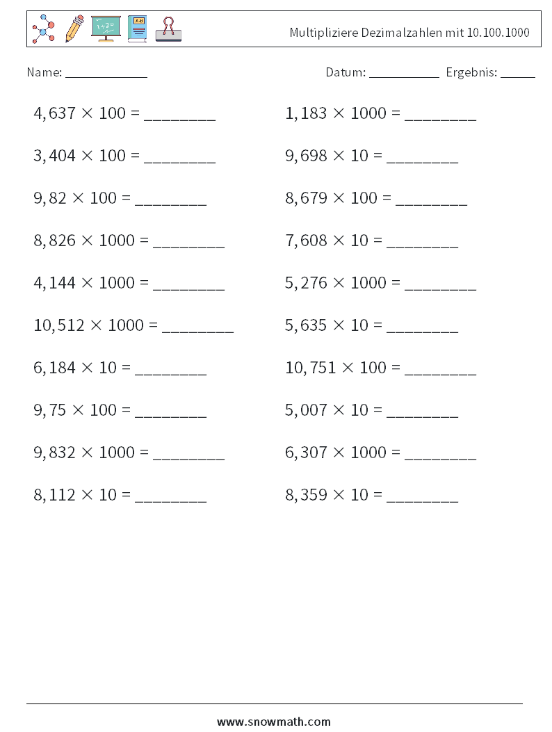 Multipliziere Dezimalzahlen mit 10.100.1000 Mathe-Arbeitsblätter 10