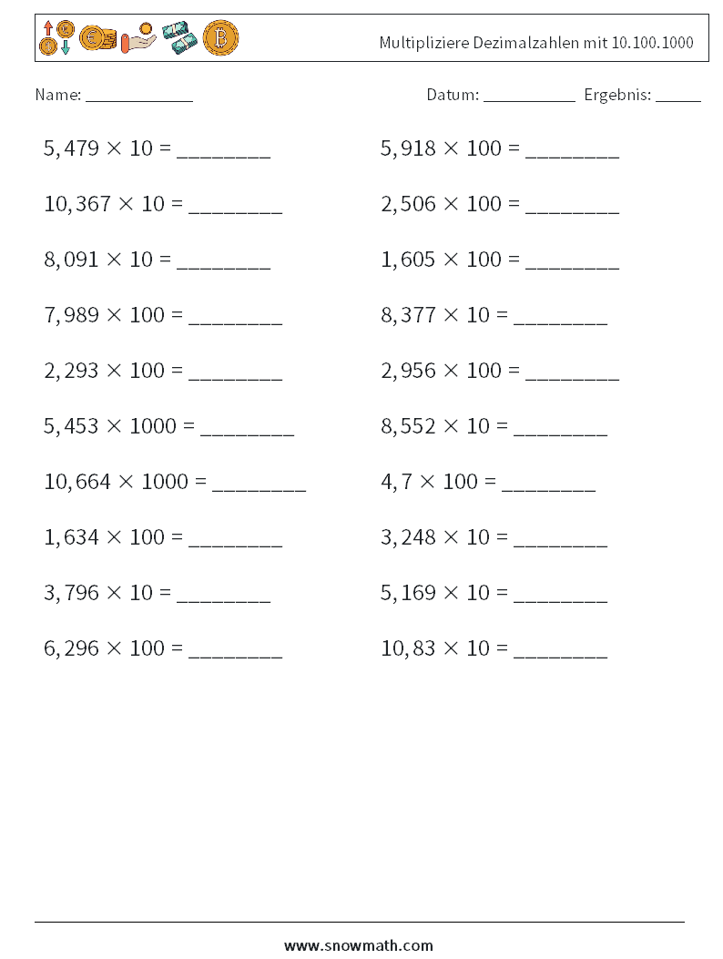 Multipliziere Dezimalzahlen mit 10.100.1000 Mathe-Arbeitsblätter 11