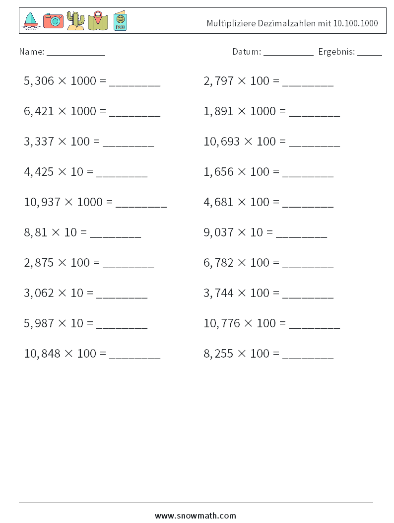 Multipliziere Dezimalzahlen mit 10.100.1000 Mathe-Arbeitsblätter 12