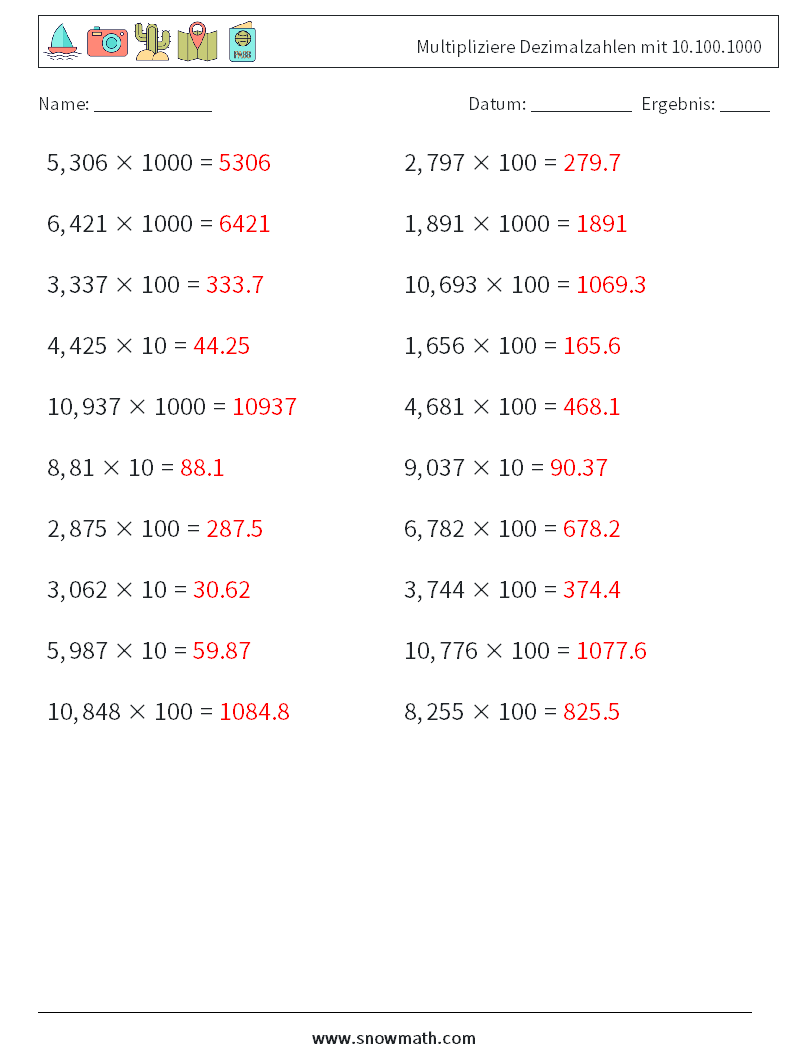 Multipliziere Dezimalzahlen mit 10.100.1000 Mathe-Arbeitsblätter 12 Frage, Antwort