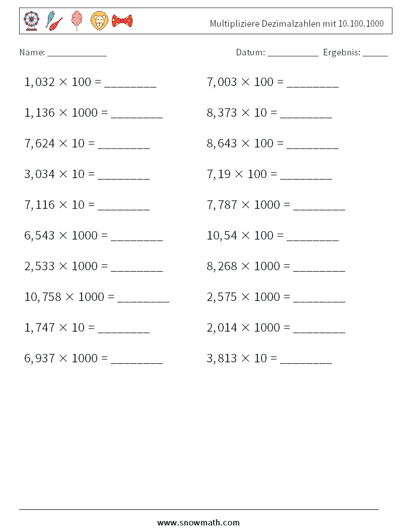 Multipliziere Dezimalzahlen mit 10.100.1000 Mathe-Arbeitsblätter 13