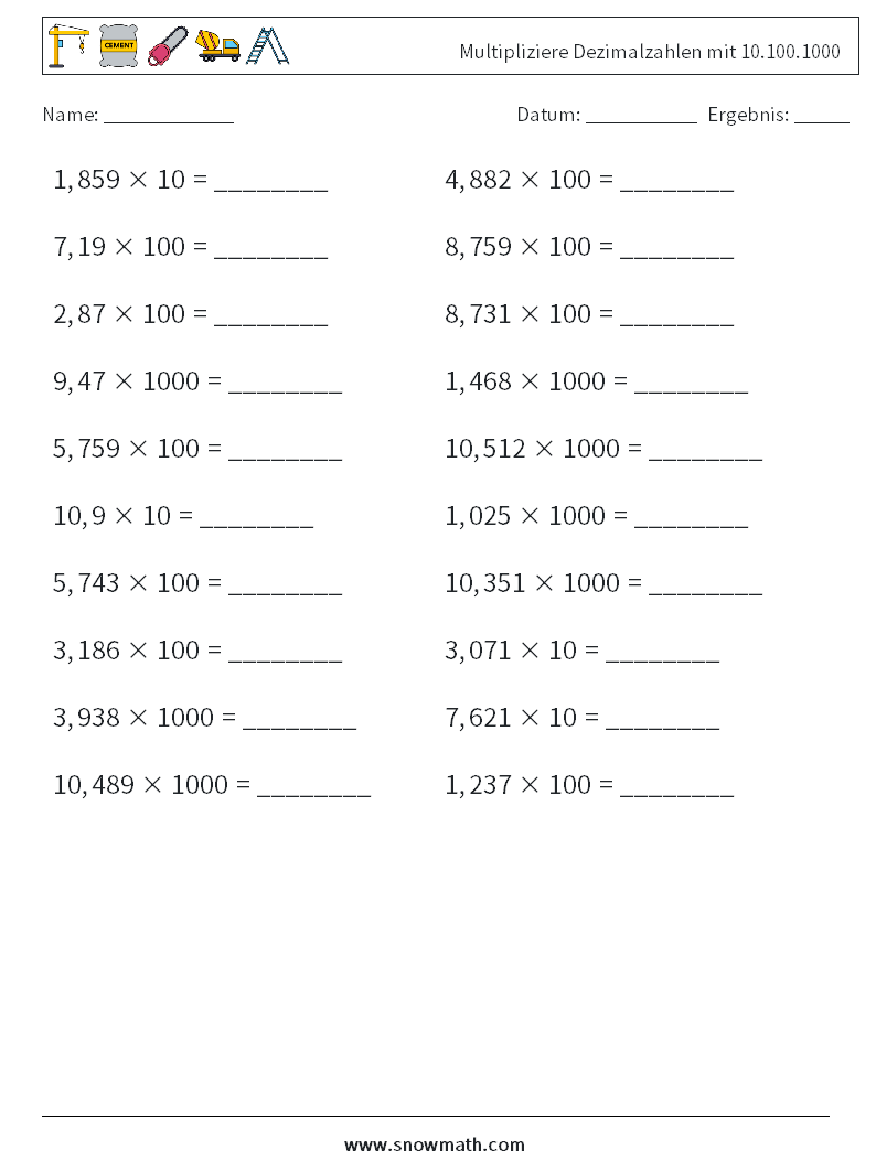Multipliziere Dezimalzahlen mit 10.100.1000 Mathe-Arbeitsblätter 14