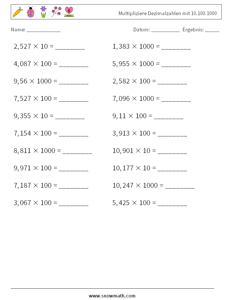 Multipliziere Dezimalzahlen mit 10.100.1000 Mathe-Arbeitsblätter 15