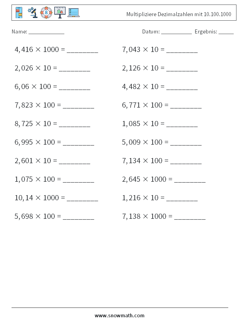 Multipliziere Dezimalzahlen mit 10.100.1000 Mathe-Arbeitsblätter 16