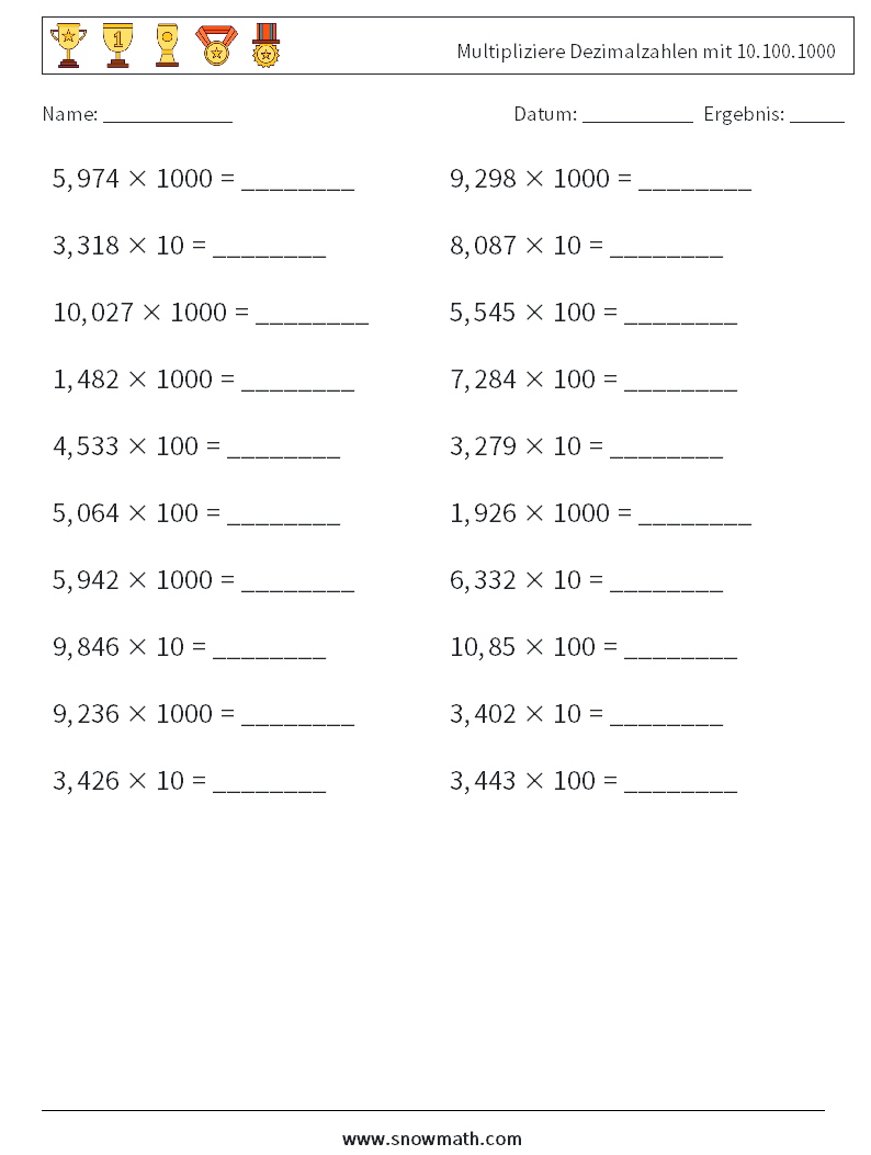 Multipliziere Dezimalzahlen mit 10.100.1000 Mathe-Arbeitsblätter 17