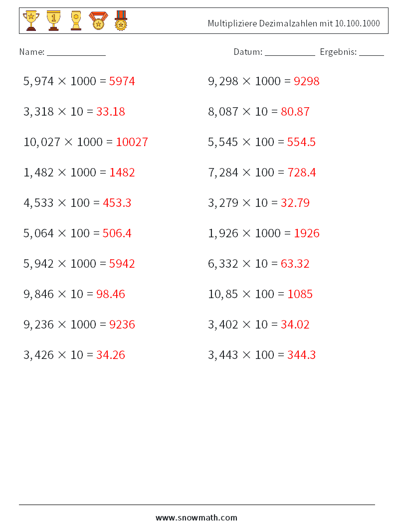 Multipliziere Dezimalzahlen mit 10.100.1000 Mathe-Arbeitsblätter 17 Frage, Antwort