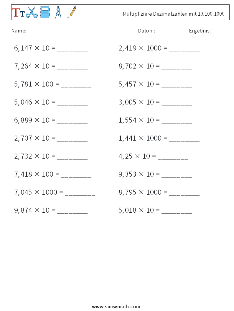 Multipliziere Dezimalzahlen mit 10.100.1000 Mathe-Arbeitsblätter 18