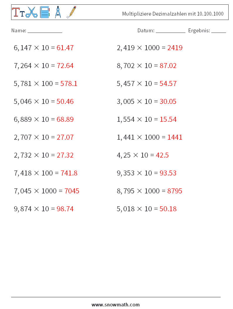 Multipliziere Dezimalzahlen mit 10.100.1000 Mathe-Arbeitsblätter 18 Frage, Antwort