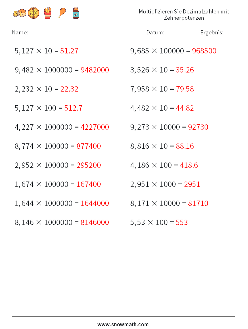 Multiplizieren Sie Dezimalzahlen mit Zehnerpotenzen Mathe-Arbeitsblätter 11 Frage, Antwort