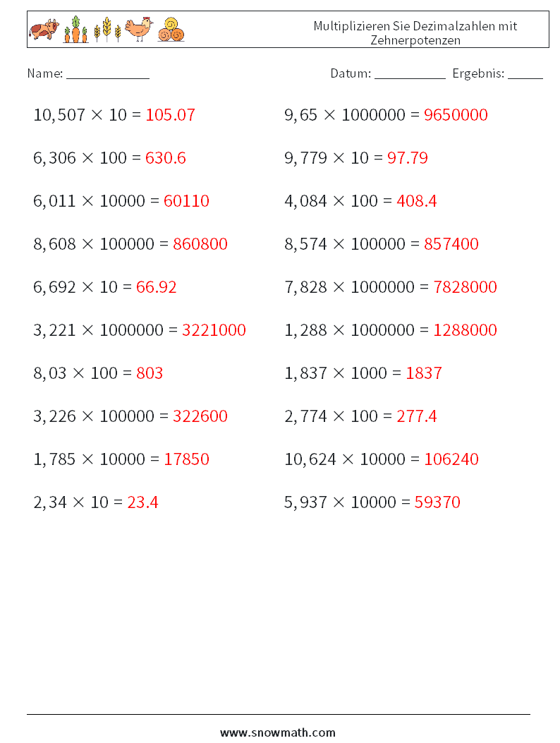 Multiplizieren Sie Dezimalzahlen mit Zehnerpotenzen Mathe-Arbeitsblätter 14 Frage, Antwort