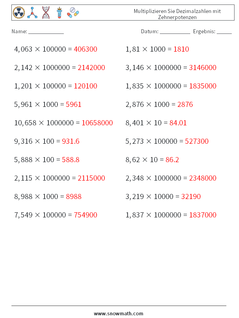 Multiplizieren Sie Dezimalzahlen mit Zehnerpotenzen Mathe-Arbeitsblätter 16 Frage, Antwort