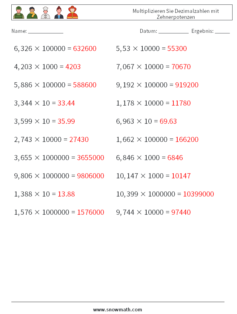 Multiplizieren Sie Dezimalzahlen mit Zehnerpotenzen Mathe-Arbeitsblätter 17 Frage, Antwort