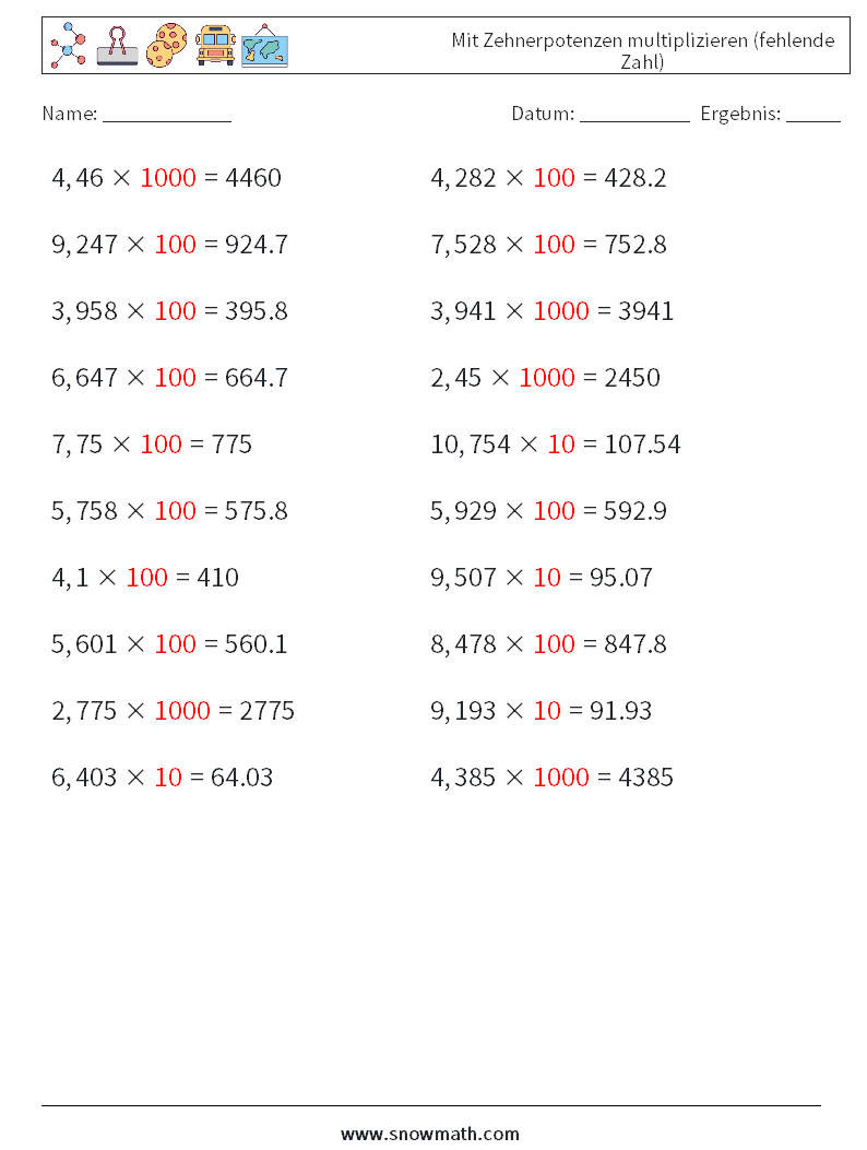 Mit Zehnerpotenzen multiplizieren (fehlende Zahl) Mathe-Arbeitsblätter 10 Frage, Antwort