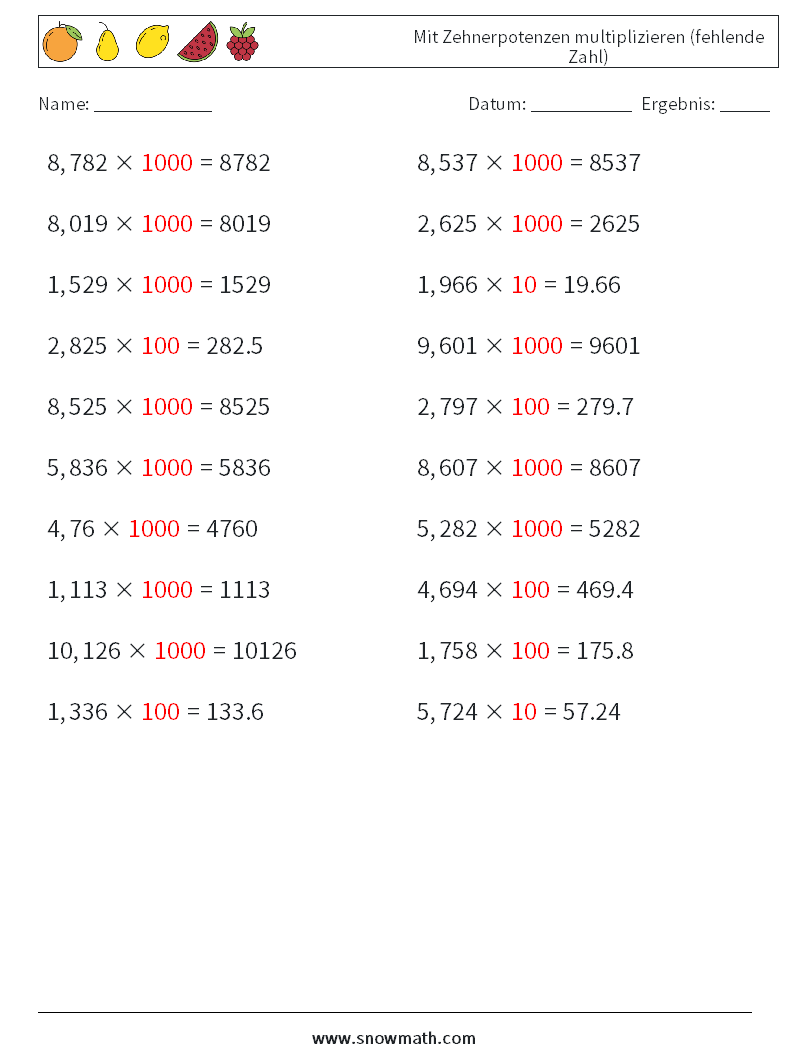 Mit Zehnerpotenzen multiplizieren (fehlende Zahl) Mathe-Arbeitsblätter 12 Frage, Antwort