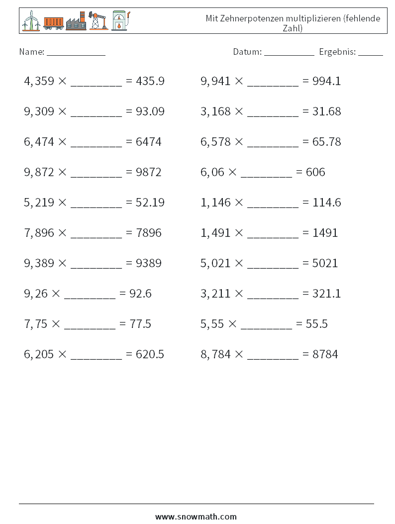Mit Zehnerpotenzen multiplizieren (fehlende Zahl) Mathe-Arbeitsblätter 13