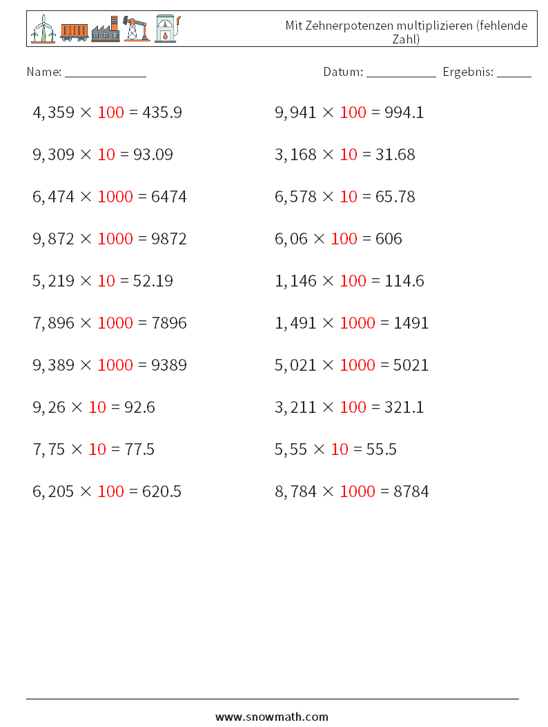 Mit Zehnerpotenzen multiplizieren (fehlende Zahl) Mathe-Arbeitsblätter 13 Frage, Antwort