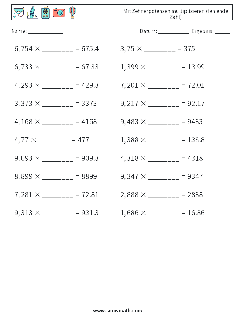 Mit Zehnerpotenzen multiplizieren (fehlende Zahl) Mathe-Arbeitsblätter 15