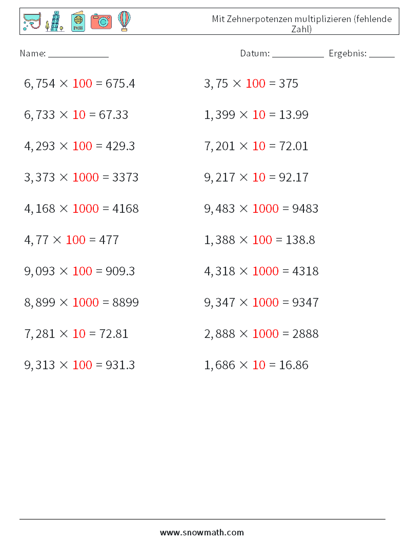 Mit Zehnerpotenzen multiplizieren (fehlende Zahl) Mathe-Arbeitsblätter 15 Frage, Antwort
