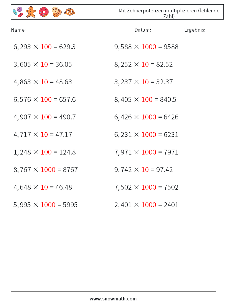 Mit Zehnerpotenzen multiplizieren (fehlende Zahl) Mathe-Arbeitsblätter 17 Frage, Antwort