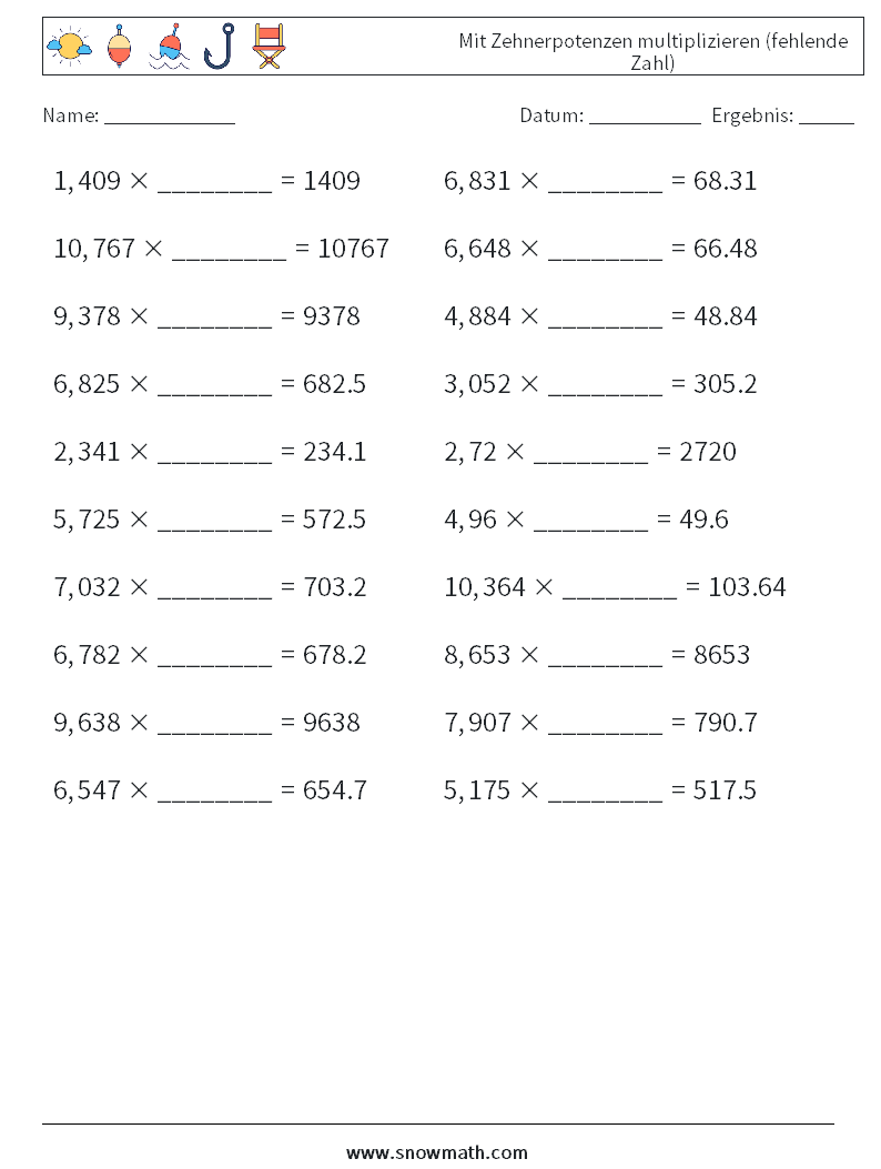 Mit Zehnerpotenzen multiplizieren (fehlende Zahl) Mathe-Arbeitsblätter 18