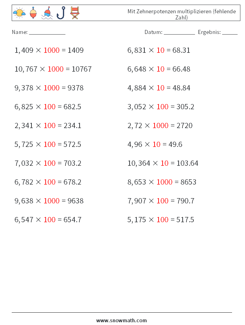 Mit Zehnerpotenzen multiplizieren (fehlende Zahl) Mathe-Arbeitsblätter 18 Frage, Antwort