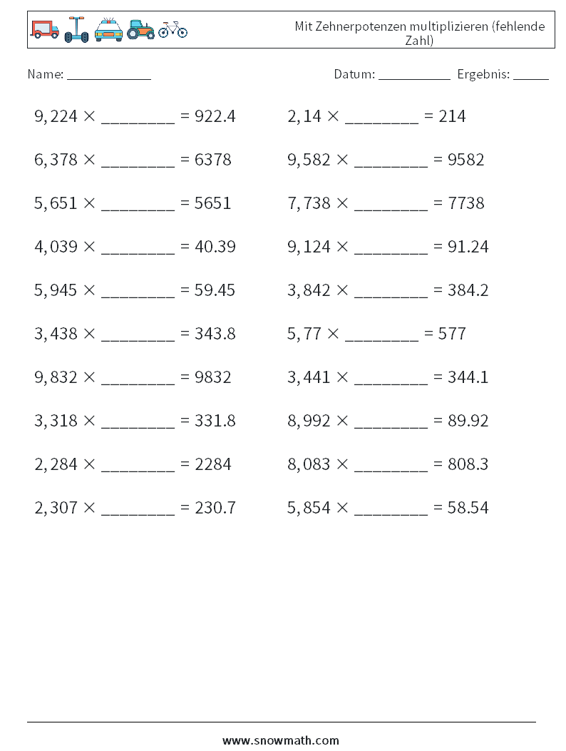 Mit Zehnerpotenzen multiplizieren (fehlende Zahl) Mathe-Arbeitsblätter 2