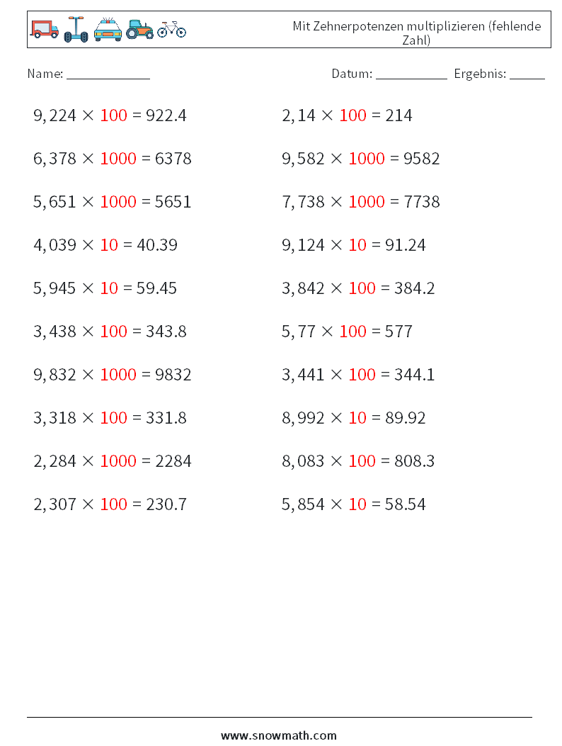 Mit Zehnerpotenzen multiplizieren (fehlende Zahl) Mathe-Arbeitsblätter 2 Frage, Antwort