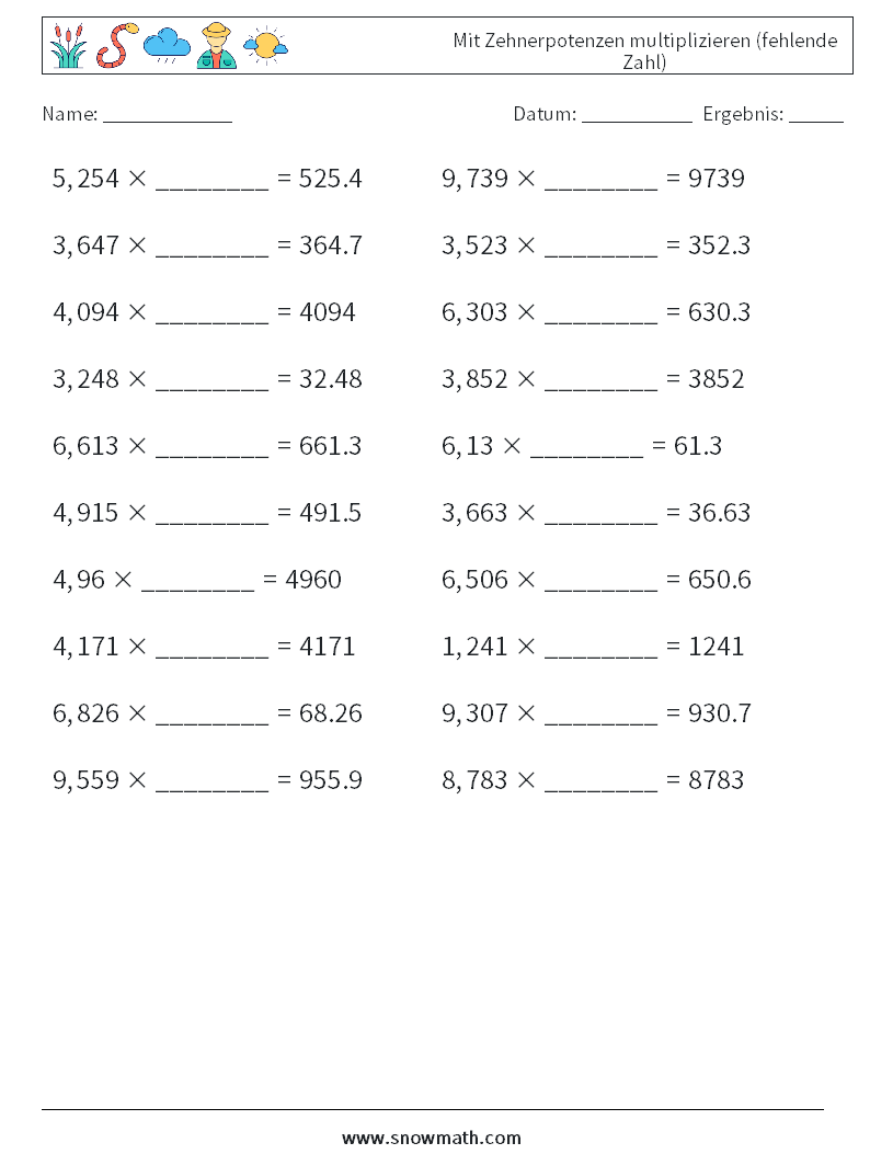 Mit Zehnerpotenzen multiplizieren (fehlende Zahl) Mathe-Arbeitsblätter 4