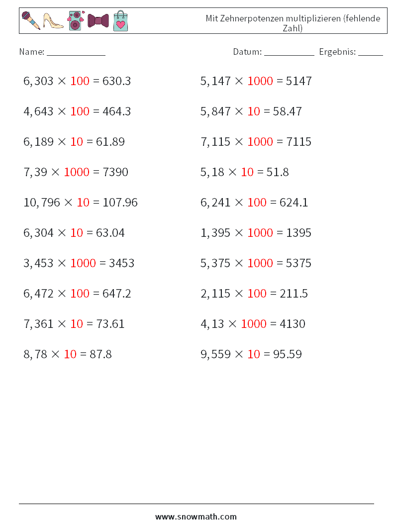 Mit Zehnerpotenzen multiplizieren (fehlende Zahl) Mathe-Arbeitsblätter 5 Frage, Antwort