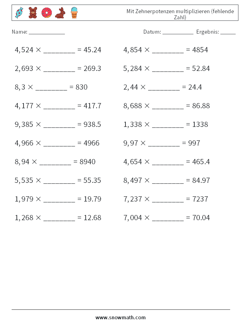 Mit Zehnerpotenzen multiplizieren (fehlende Zahl) Mathe-Arbeitsblätter 6